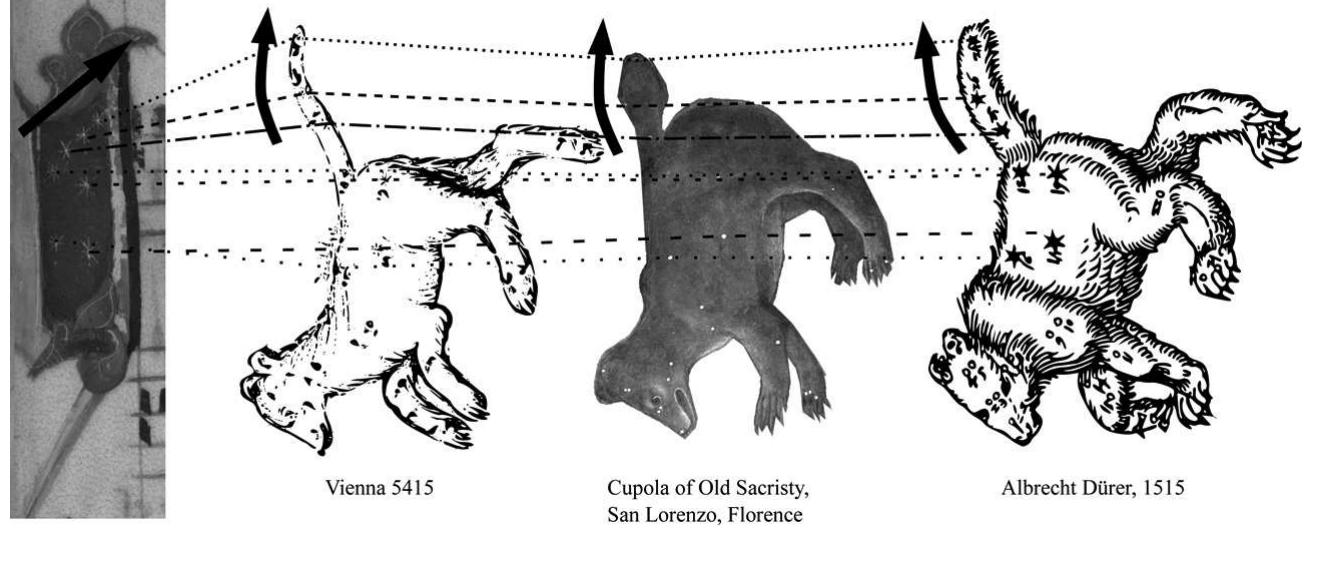URE 8. Comparison of Mod A initial with fifteenth-century representations of Ursa Major  handle of the Big Dipper) always has a kink in it. In the initial the three stars forming this part of the asterism are shown along a straight line. Figure 9 offers the same type of comparison for representations of Ursa Minor. There is a greater similarity between these various representa- tions. The identification of the group of stars in the initial of Inperial sedendo as Ursa Minor is strengthened when we consider contemporary astrological cycles from northern Italy. The conventions of iconographical representation in astrological cycles differ from the mathematical princi- ples that inform fifteenth-century star maps like those discussed here. Take, for example, a charming representation of Ursa Minor from early fifteenth-century Venice (fig. 10).°° The configuration of stars in this conventional image almost exactly mirrors our illuminator’s group of stars. In fact, it seems that the artist who completed the star map at Flor- ence’s San Lorenzo may have had this conventional representation in mind in 1439 when he painted Ursa Minor with its feet towards Ursa Major. The final piece in this puzzle comes from the text of Johannes Ciconia’s O felix templum, which addresses the motet’s dedicatee Stefano 