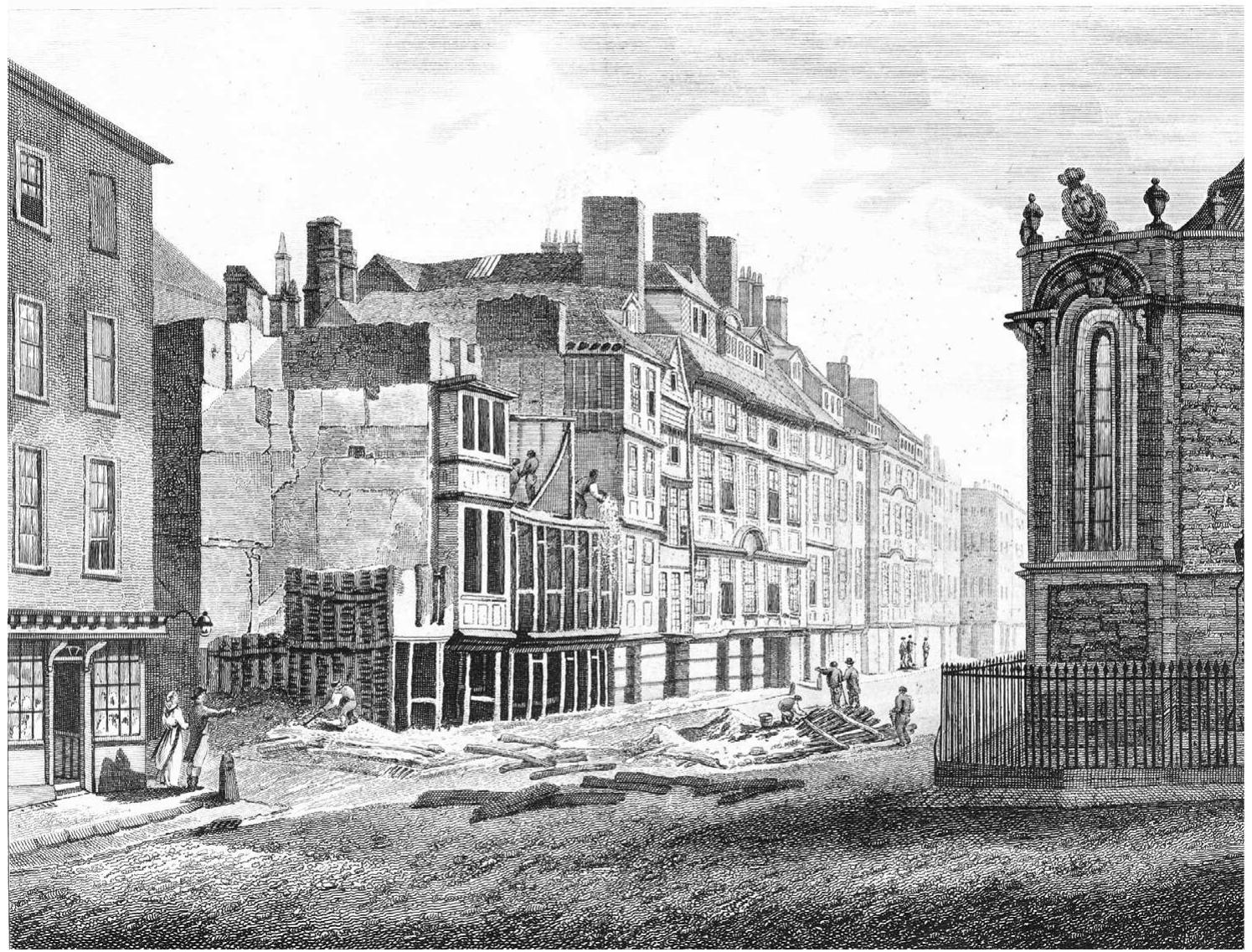 Figure 5: Engraving of C. John M. Whichelo’s view of the “East end of St. Clement's Church, the North Ends of Essex Street, New Court, Milford Lane, and Arundel Street, with the grotesque appearance of antient houses about to be  pulled down ...,”in Londina Iustrata (plate dated 11 February 1811). 