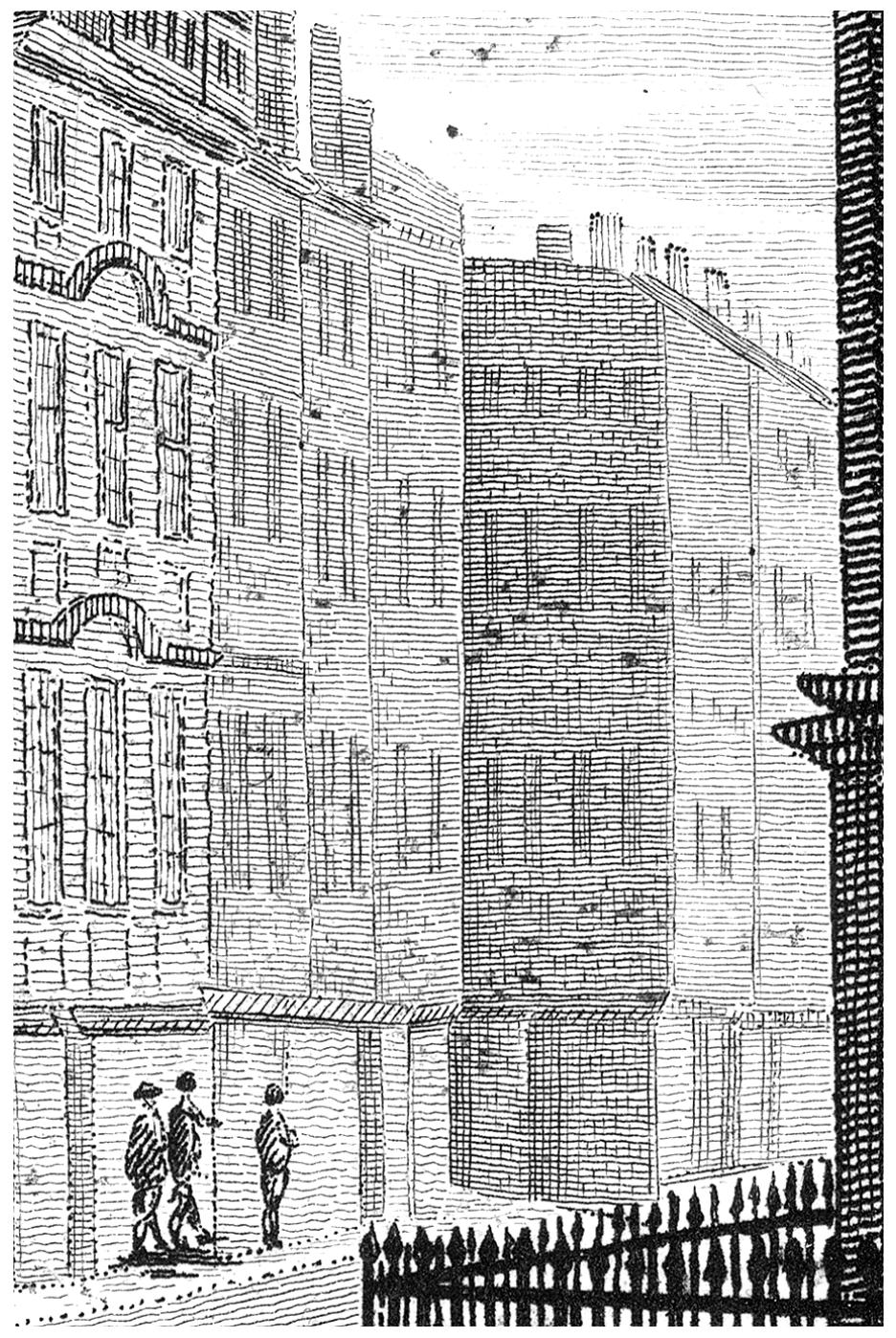 Figure 6: Detail of Figure 5, showing Gardner's shop, at the corner of the Strand and Milford Lane, shortly before it was demolished” 