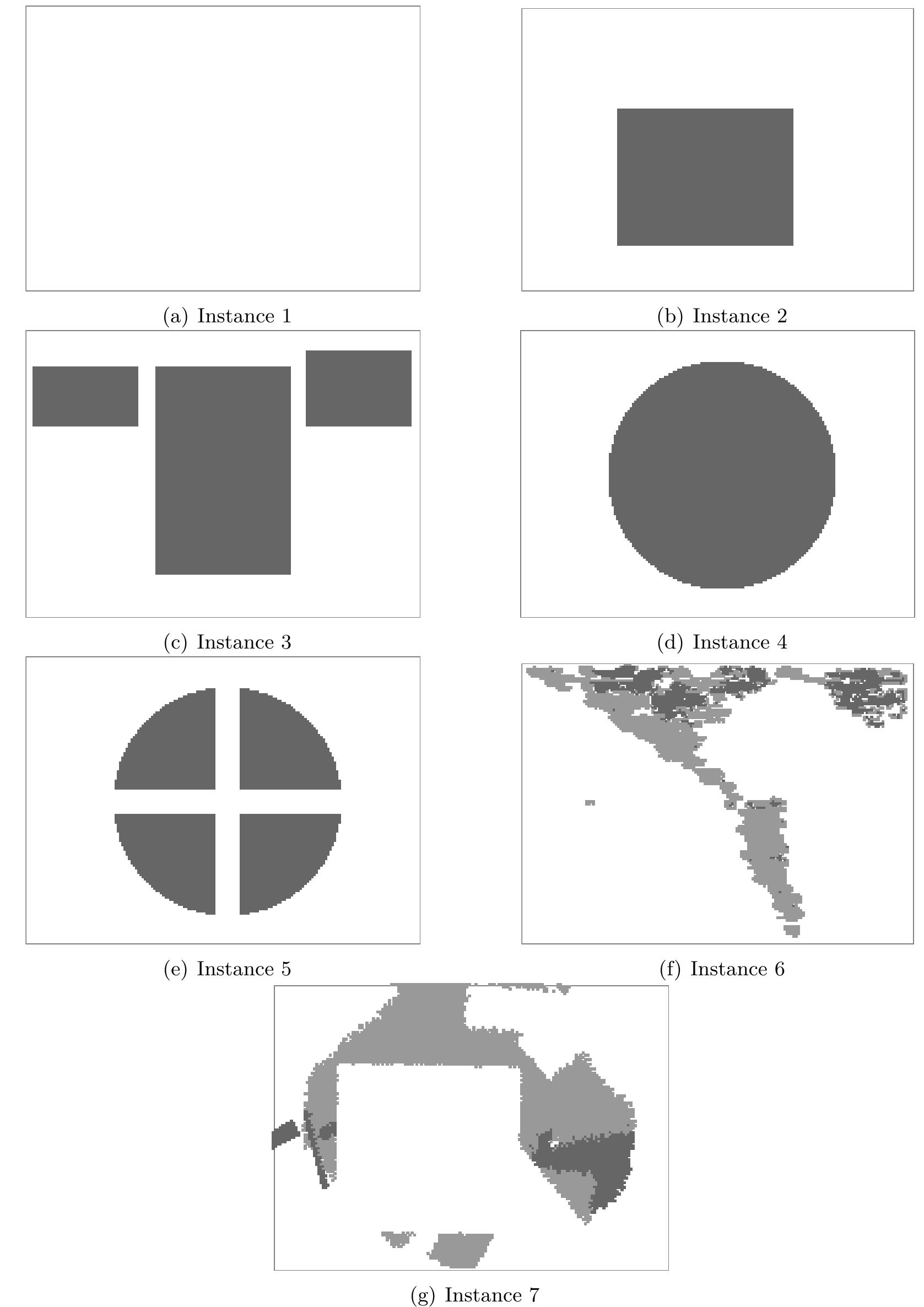 Figure 3.9: The maps of the instances published in [Drabovich, 2008]; dark gray shaded cells are complex seabed, light gray shaded cells are ripples seabed, white cells are flat seabed. 