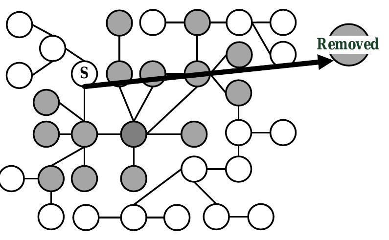 Figure 5.4: A search environment with a one time step motion without search  (b) At time t = 3, the searcher moves to an adjacent location and searches again; the vertex has a non- null containment probability and some probability mass is displaced to the “removed” state 
