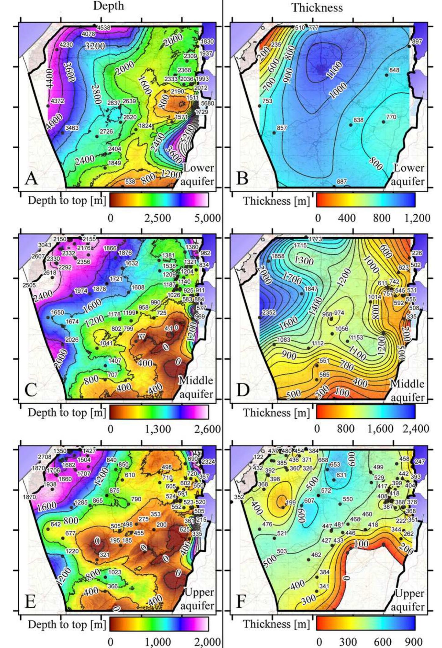 Storage capacity contour maps (in mt co2/km/? units) for (a)