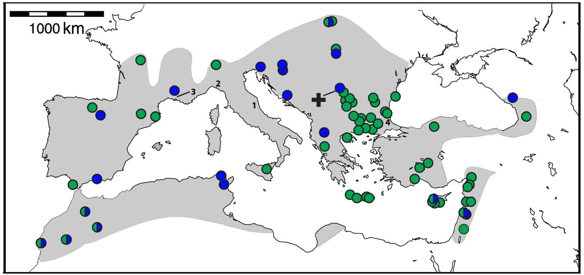 Map showing the origin of specimens and samples investigated