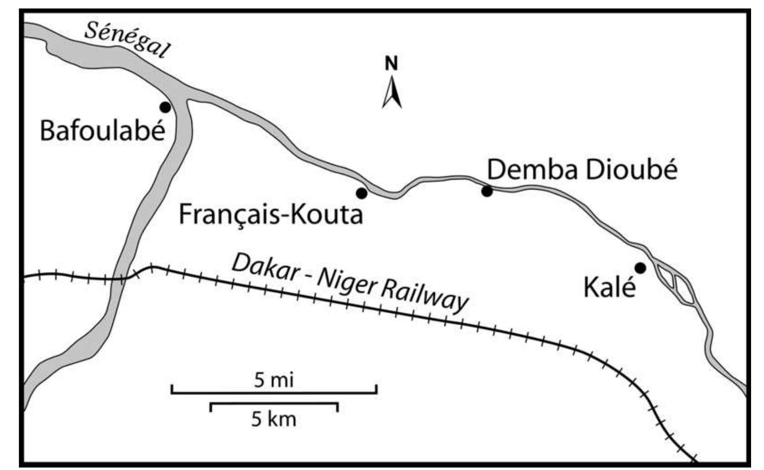 the colonial administration considered Ouassala and Ouassoulou Demba liberty villages under the name of Frangais-Kouta and Demba Dioubé respectively, from 1888 onwards.?° The liberty villages date back to the first military campaigns in Western Sudan and were created at first to take in slaves who escaped from “enemy” territories. Once the region was “pacified,” they took in all the slaves who escaped their master, especially those who were mistreated, and threatened with or whose family had already been sold. These villages were exempt from paying head tax up to 1900 in order to encourage their further settlement. Gallieni further described the village of “Francékoura”2’ in 1887 as being recently founded by families originally from the region of Wasulu, who had been enslaved in Kaarta before escaping to the left bank of the Senegal River to seek the protection of the French.?8 An 1890 report from the district of Bafoulabé also specifies that Francais-Kouta and Demba Dioubé were villages of “liberated captives” (captifs libérés) 2°  Map 2. Francais-Kouta and the surrounding area, French Sudan (Map by Don Pirius).  However, many of the informants in Ouassala and Ouassoulou Demba were evasive regarding the origins of these villages and their possible foundation by formerly enslaved populations. When asked why the village was funded, most informants of Wasulunke origin whose ancestors founded the village would simply answer: “Our ancestors came here because of Samori’s wars.”3° Their reluctance resonates with Klein’s findings over the possibility of recovering such migratory traditions more than hundred years later.3! But 