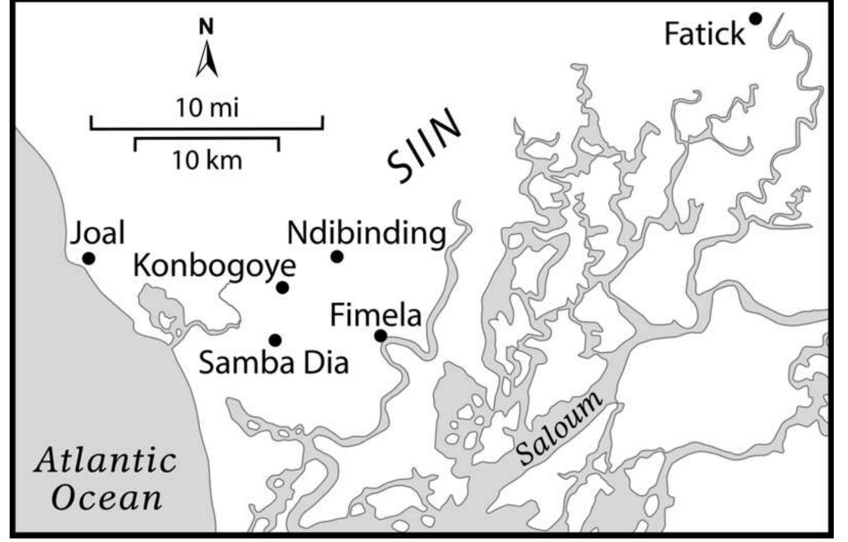 Map 3. Siin, Senegal (Map by Don Pirius).  Family histories gathered in the “Bambara” villages of Konbogoye and Ndibinding (ak Malikoundani) in the district of Fimela (Siin) testify to the many and complex connections developed between the successive waves of migration from French Soudan to Senega: since Samori’s wars, which allowed the building of diasporic communities in Siin. Indeed Siin history has been written in overlapping diasporas entailing the formation of complex multi-layered identities in villages such as Konbogoye and Ndibinding.’’” By the end of the nineteenth century, many migrants to the Senegalese peanut basin were forced to migrate were taken in Samori’s wars and sold as slaves into the Senegambia. Later, at the time o! the slave exodus in French Soudan, formerly enslaved populations also left for Senegal tc secure an independent living. In the 1920s—1930s, navetanes joined these first migrants tc cultivate peanuts in the Siin and Saalum. Despite this multi-layered history of “Soudanese’ settlement in Siin, the economic importance of peanut cultivation in the region in the first quarter of the twentieth century seems to have obscured other narratives. For example most of my informants often claimed that their ancestors first came to cultivate peanuts.  most of my informants often claimed that their ancestors first came to cultivate peanuts. 