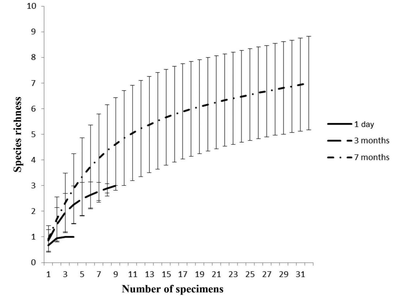 Figure 1. Rarefaction curve of bat species captured after one day, three months and seven months of a fire that happened in a forest gallery of Distrito Federal - Brazil. 