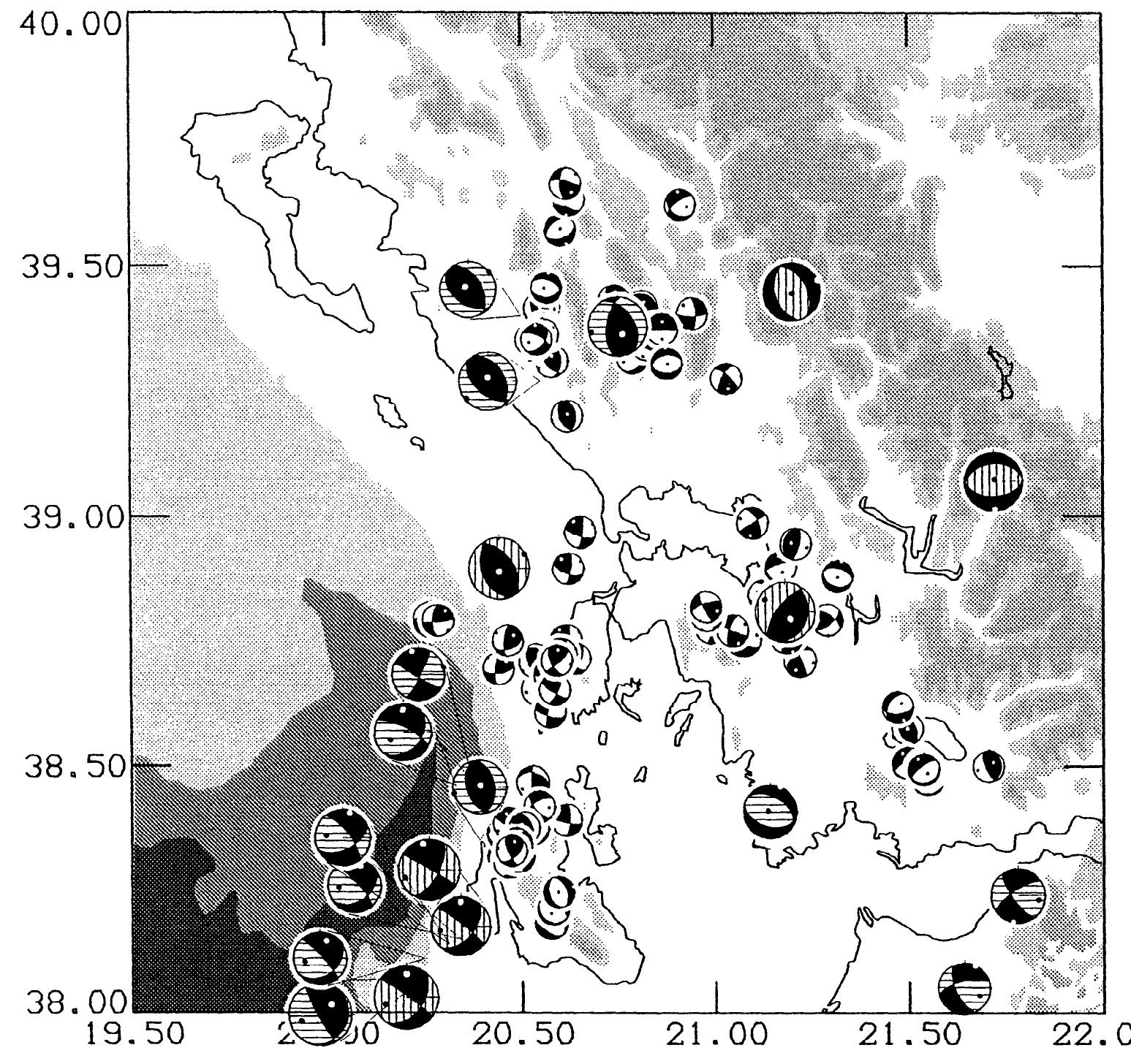 Map of the 101 focal mechanisms, of quality 1 and 2 (see
