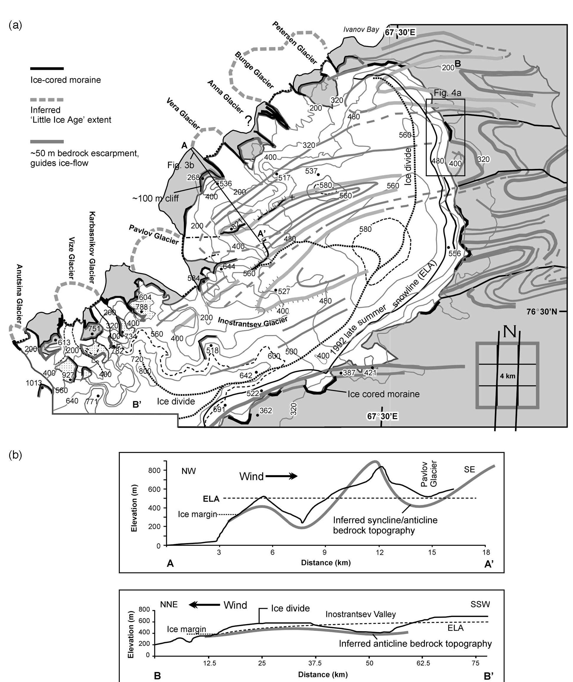 (a) the ice cap and bedrock fold-structures of north novaya