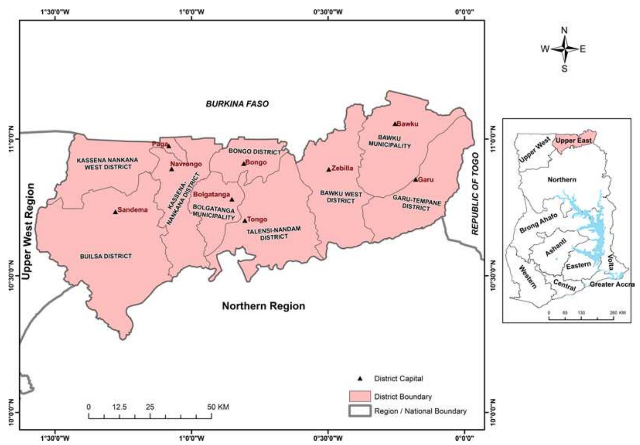 Figure 1. Map of Ghana showing the UER and the field study locations 