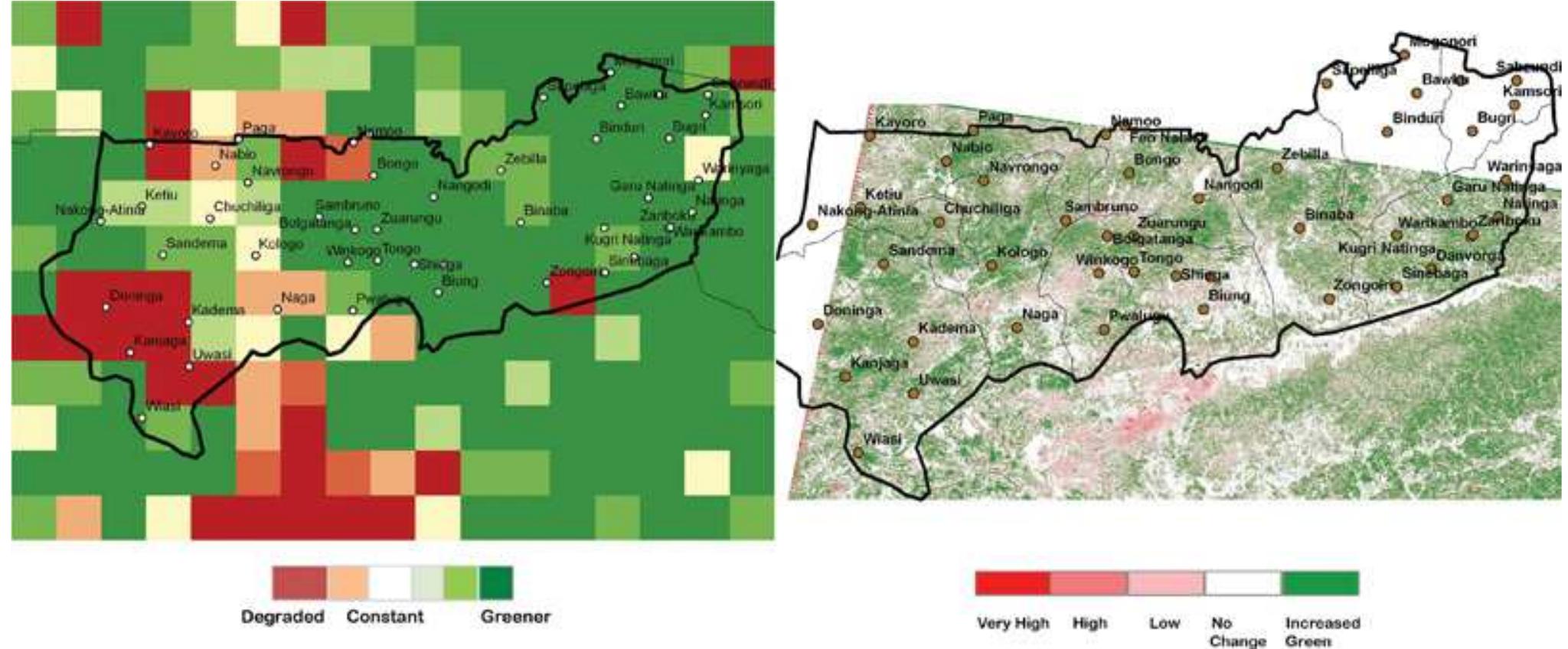 Figure 3. Spatial variation of the NDVI using AVHRR GIMMS for 1982-2007 (left) and LTM5 for 1999-2002 (right) 