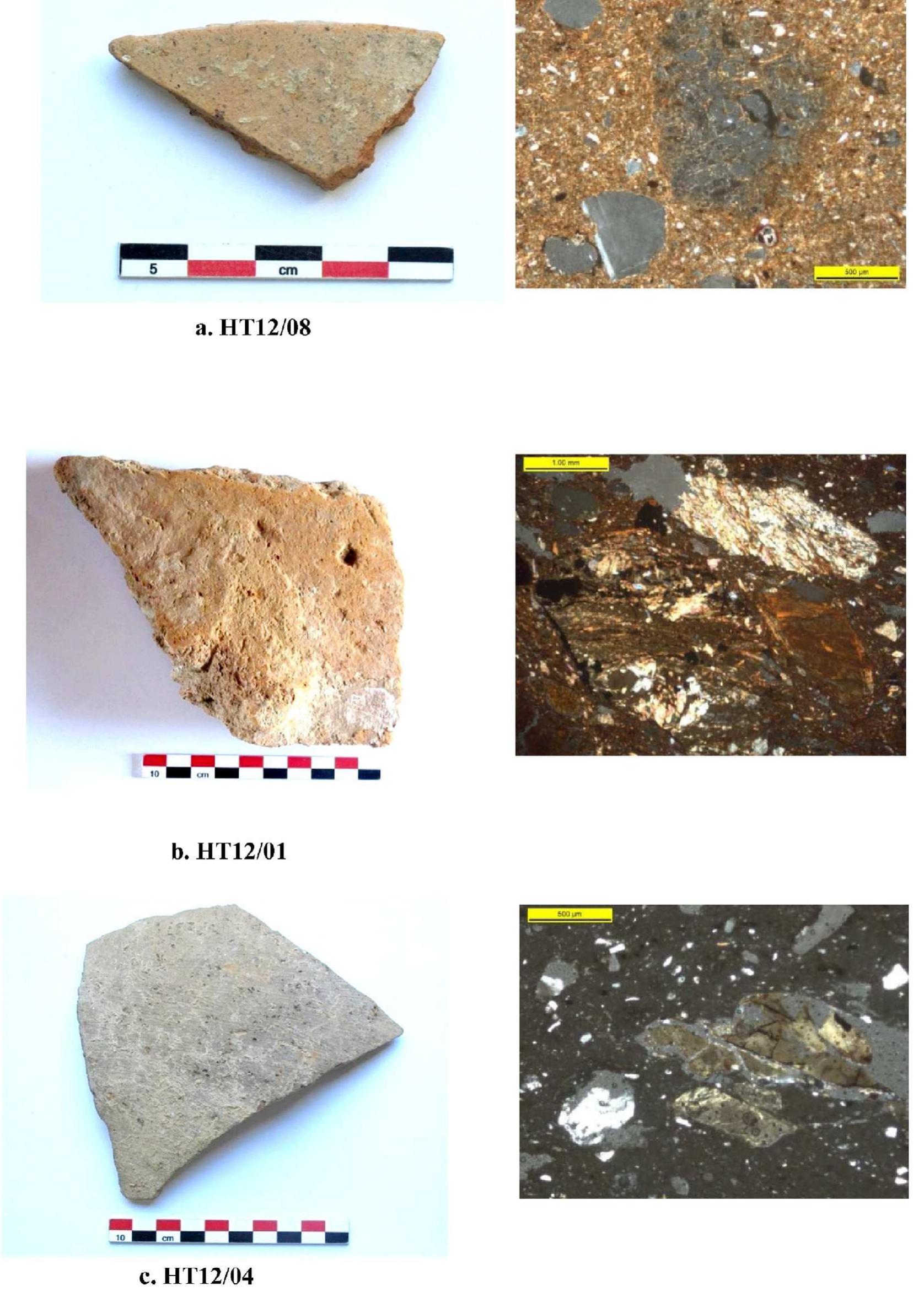 Fig. 6. Sherd samples and respective thin section photomicrographs in crossed polars (XP). 