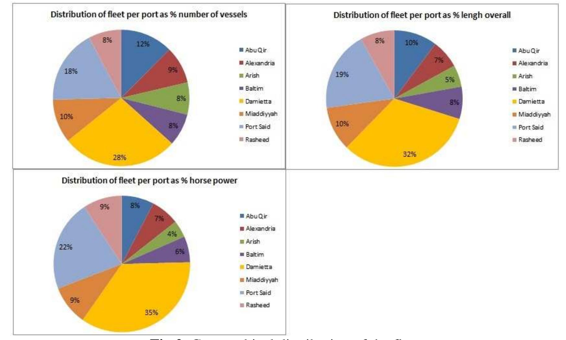 Table 13 shows the number of vessels observed by their main fishing gear as reported in the licenses. The most represented gears are longlines, followed by bottom trawls, trammel nets and purse seine. They account for 40% of the fishing gears. The bottom trawls account for 36% (1,083 vessels), while the purse seiners are about 8% (236 vessels). The average trawler has a LOA of about 20 m, while the purse seiner of about 17 m. The netters account for the 16% of the gears and on average a vessel equipped with nets has a LOA of 10.2 m. 
