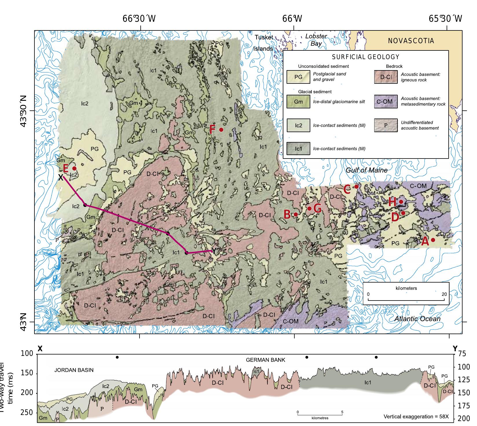 Upper: map showing the surficial geology of the german bank