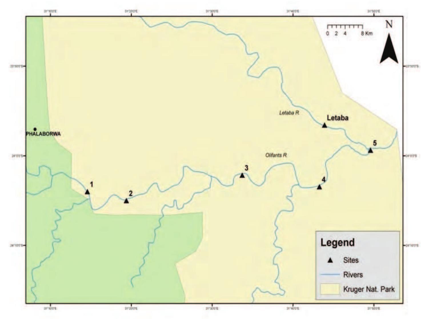 Map of the olifants river in kruger national park, with