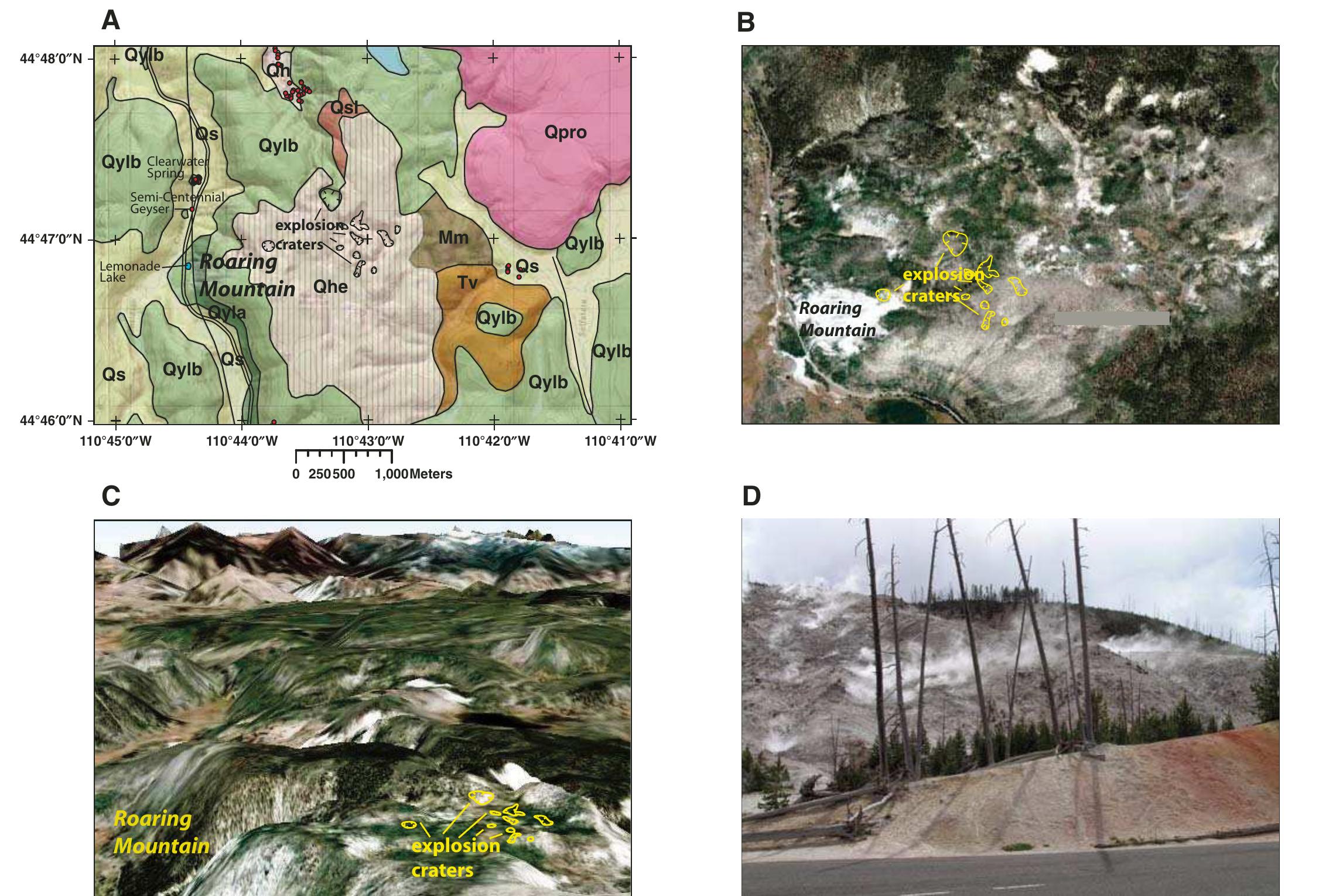 Roaring mountain explosion craters. (a) geological map after