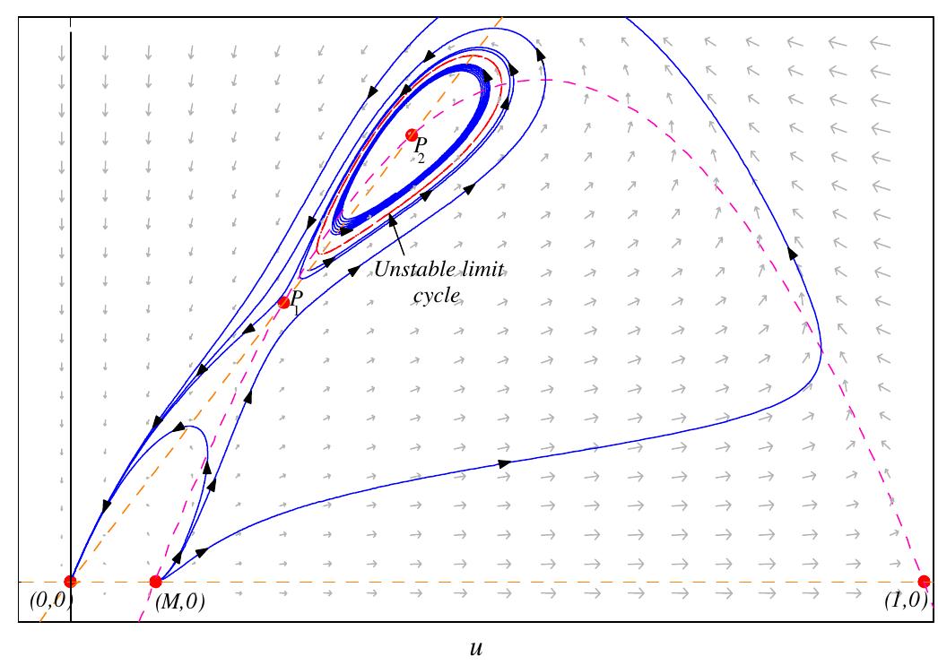 Fig. 6. For H= 0.4, M=0.1, S=0.121 a unstable limit cycle is obtained.