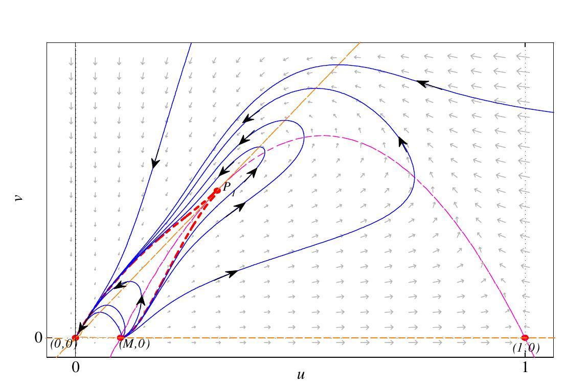 Fig. 7. A cusp point is obtained for H = 0.31742, M=0.1 and S = 0.14765. Proof. Clearly the Jacobian matrix at (0,0) is Lemma 11. The point (0,0) is a non-hyperbolic saddle point.