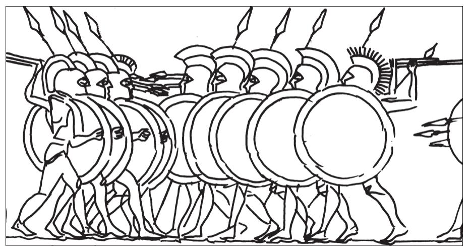 Figure 10 a and b. The drawing to the upper left illustrates two phalanxes facing one another and their gradual move- ment to the right and below how the phalanx was formed from echelon to line. The drawing below shows the hoplite falanx at the moment of close combat according to the Chigi vase. 