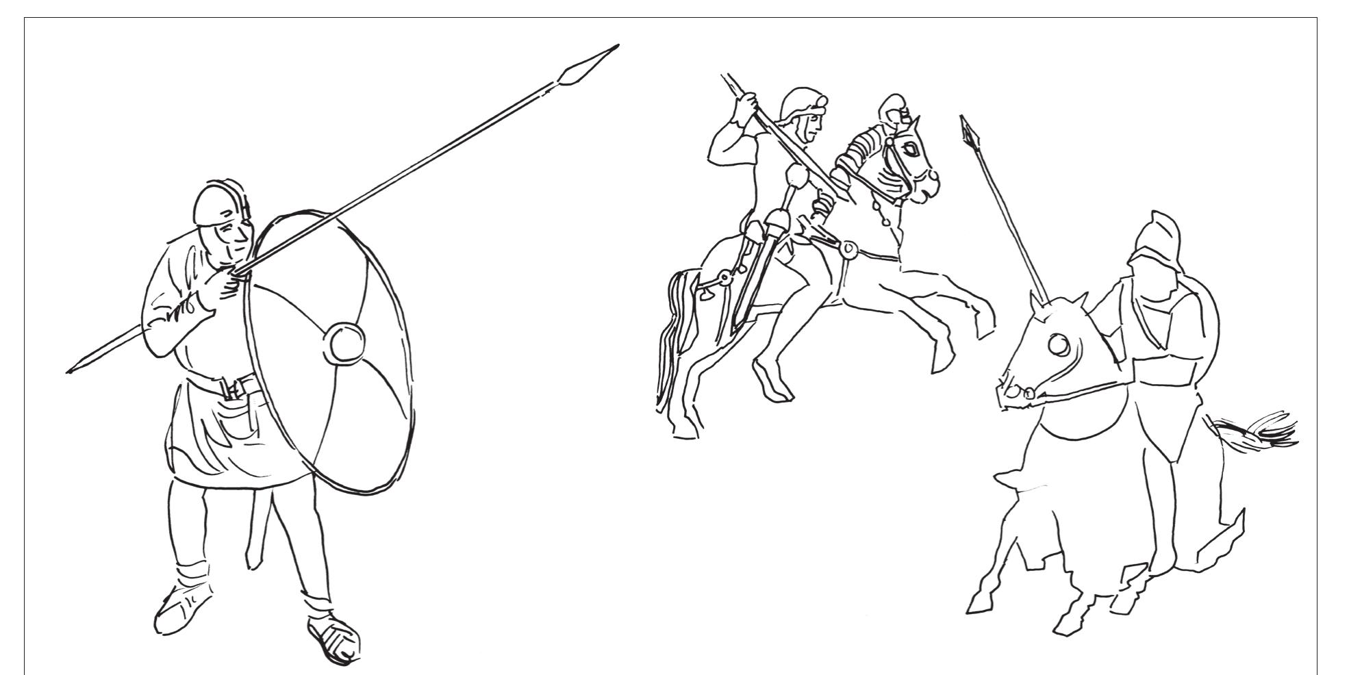 Figure 13. From top right: a cavalry man of the early empire and to the right below a so called catafract, a heavy armoured cavalryman. Left: an infantryman of the very late empire. 