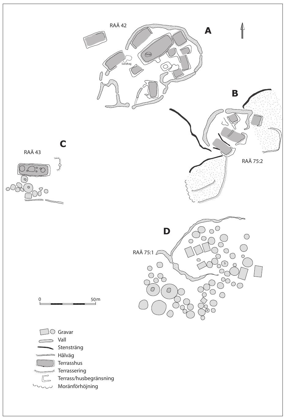 Figure 20. The wall-enclosed estate (A) at Lindo utmark, Karrbo parish, prov. of Vastmanland. (B) An ordinary farm; one of several subordinated units. (C) Another farm, over- layered by younger burials. (D) Local cemetery. Surveyed by Laila Kitzler Ahfeldt & Michael Olausson.  Thesocialhierarchy oftheperiodwas ‘architecturally’ manifested ‘architecturally’ in these three examples by the placing of the farms’ major dwelling, a plateau house, in a central, dominant and exposed position. The farm on the Lind6 outfields was discovered during he revised national archaeological survey at the begin- ning of the 1980s, when it was termed a ‘fortified farm’ fig. 20). It consists of nine house terraces of different  