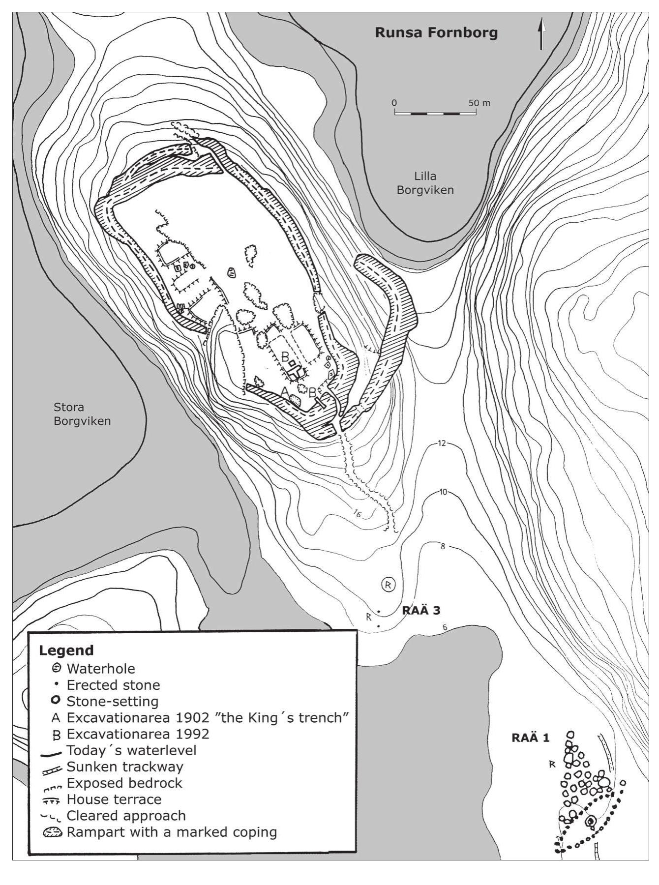 It is important to note the occurrence of the spe- cial house — the hall — on several of the hilltop sites and enclosed chieftain farms. This large house was positioned on the highest spot of the site or directly inside the entrance, and therefore in primary view. In Runsa and Darsgiarde, the hall stood on the highest point. These buildings functioned as status symbols for their owners, and as an official stage, where the social hierarchy between the chieftain and his retinue, and the rest of his household was demonstrated. Ritu- als to the gods would have been particularly important. Social and religious ideologies were observed princi- pally by a complicated system of gift exchange. Heroic  
