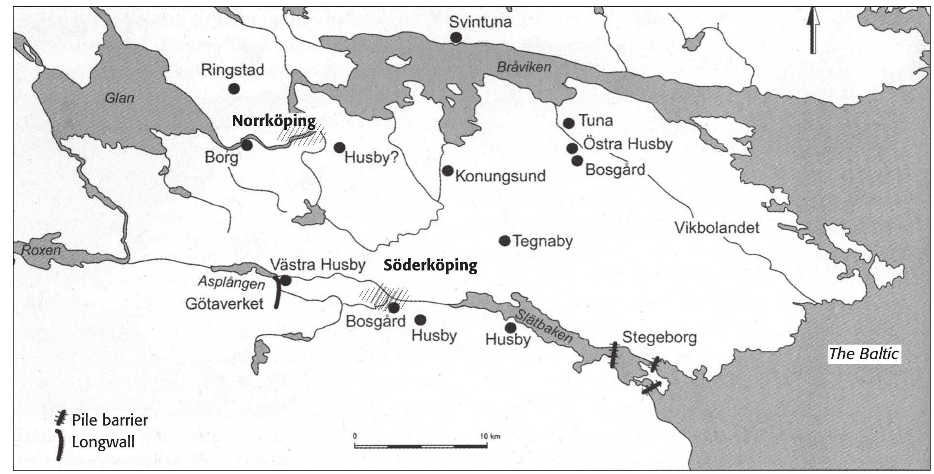 Figure 24b. A new political geography: after c. AD 600 the hilltop sites and fortifications on Vikbolandet were abandoned, cf. fig. 24a. The elite and the emerging royal power manifested themselves through magnate farms like ‘Tuna’ and later as royal farms with names like ‘Husby’ and ‘Bosgard’. There is also a pattern of settlements for a Comitatus organization, for instance  ‘Tegnaby’. Besides the dyke at Gétavirke and the pile barrier at Stegeborg no physical evidence of fortification is to be seen. Map by Arkeobild, Olausson 2000. 