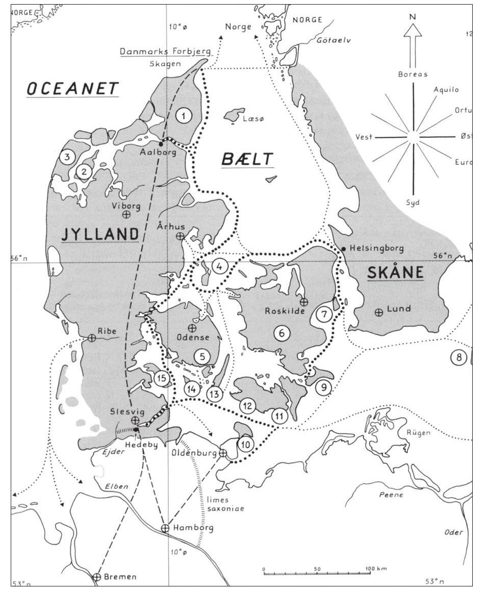 Figure 28. The Danish realm with sea routes around 1070, as stated by Adam of Bremen. The routes described in more detail by Adam may have been from his own first-hand expe-  rience and are emphasized here (text and figure after Nyberg and Jorgensen 1992: 10). 