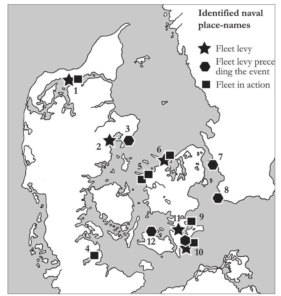 Figure 30. Identified naval place-names in Saxo Gram- maticus (Zeeberg 2000). 1. Limfjord. 2. Arhus. 3. Helgenees. 4. Slien, Schleswig. 5. Heervig. 6. Isore. 7. Landskrona. 8. Fotevik. 9. Keldby Nor. 10. Gronsund. 11. Vordingborg, Masnedo. 12. Fema. 
