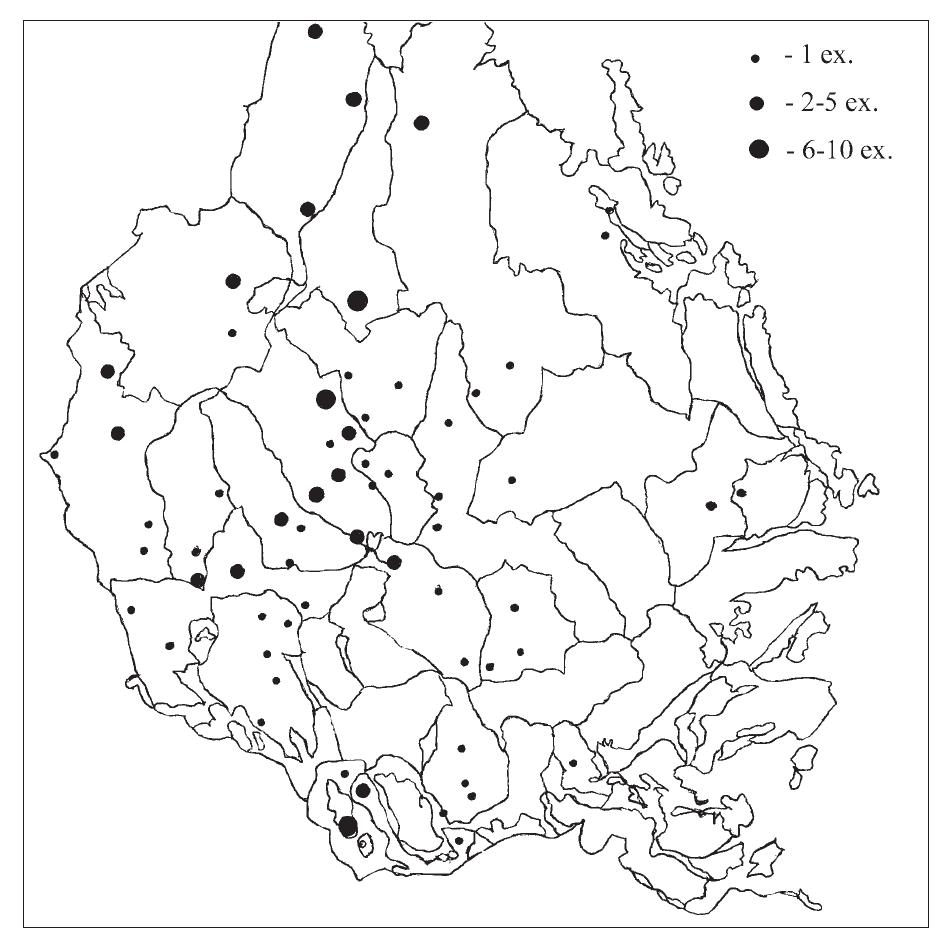Figure 40. Distribution of swords found in Uppland, Swe- den. The symbols show the number of swords per parish. 