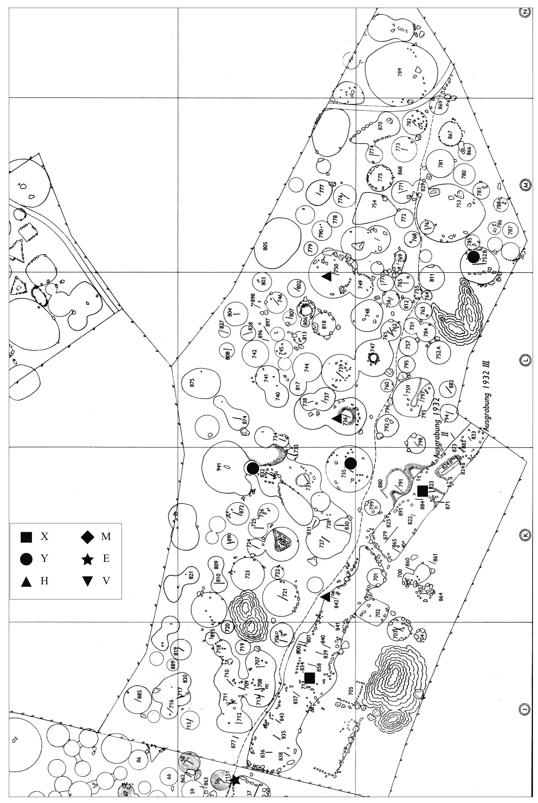 Figure 41b (next page). Distribution of swords in the southern part of the town wall/rampart. Map by J.J. Nordstrand From Arbman 1940-1943. 