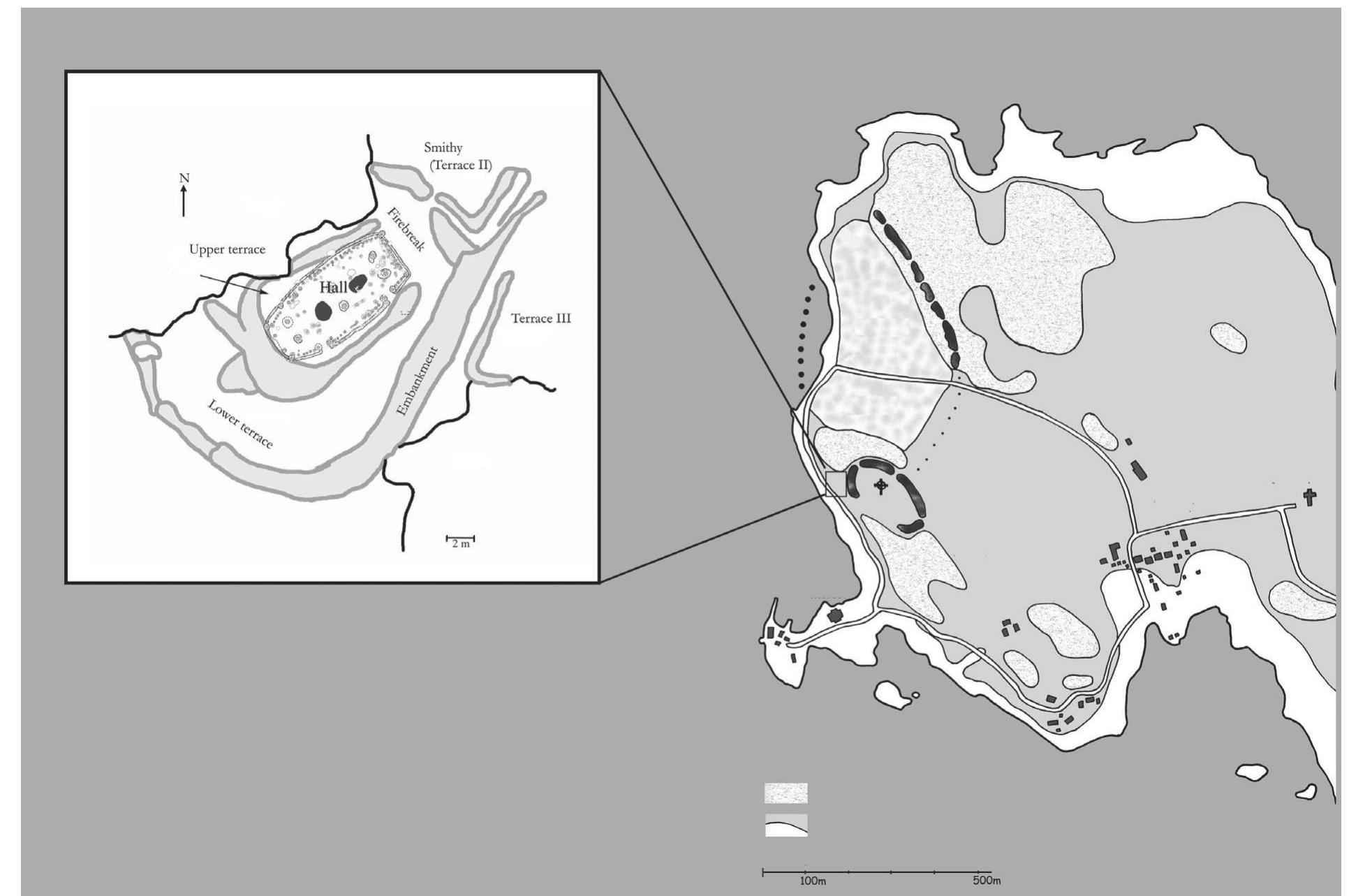 Figure 45. Map over Birka/Bjorké and the Garrison (C. Hedenstierna-Jonson, L. Kitzler Ahfeldt & M. Olausson).  The epic poem Beowulf relates that Hathkin, son of Hrethel king of the Geats, kills his older brother Her- ebeald with a ‘horn bow’ (OE ‘hornbage’ in Klaeber 951, 1. 2437, translated as ‘horny bow’ in Gummere 910), most likely the present-day ‘composite bow’, and an unusual weapon for the north European Late ron Age. It was an advanced type of archer’s bow with constructional details mainly of horn and sinew. It was a technological import and not a natural component  