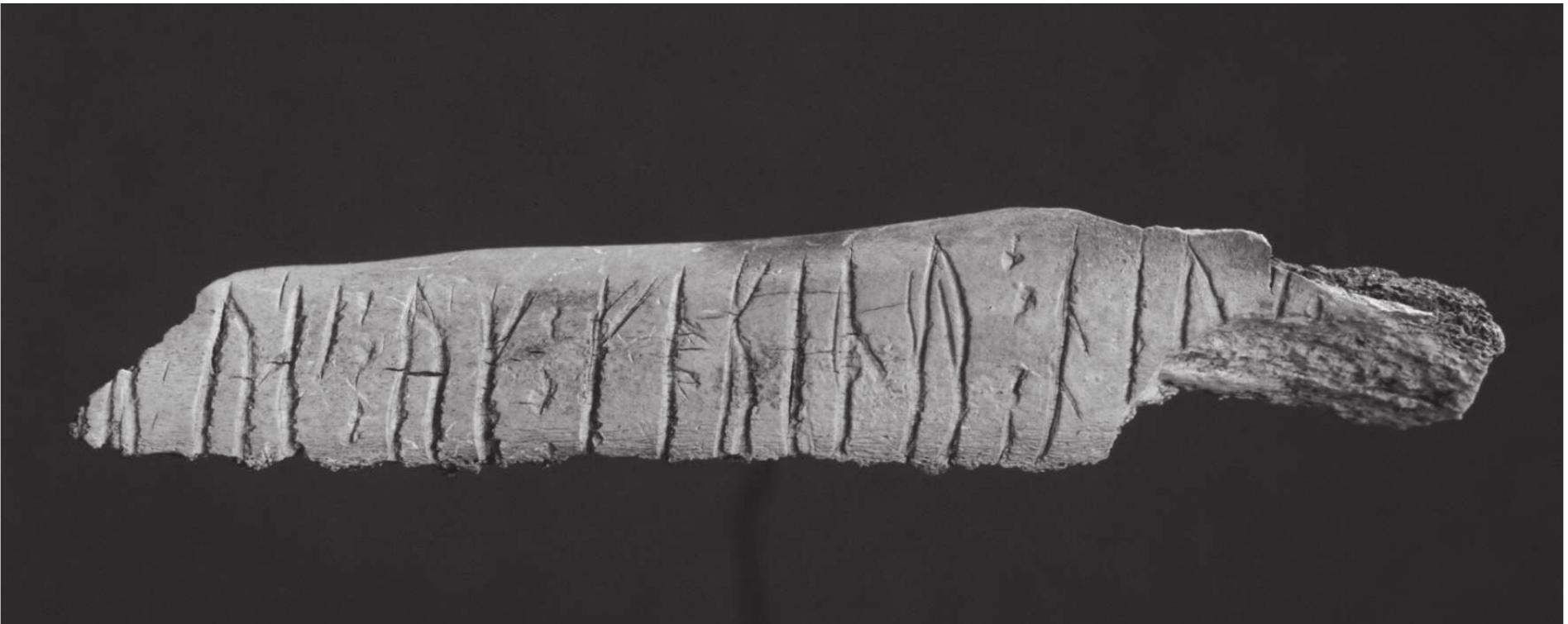 Figure 56. Bone fragment with runic inscription from Garnisonen on Birka. Photo Bengt A. Lundberg, National Heritage Board, 2000. 