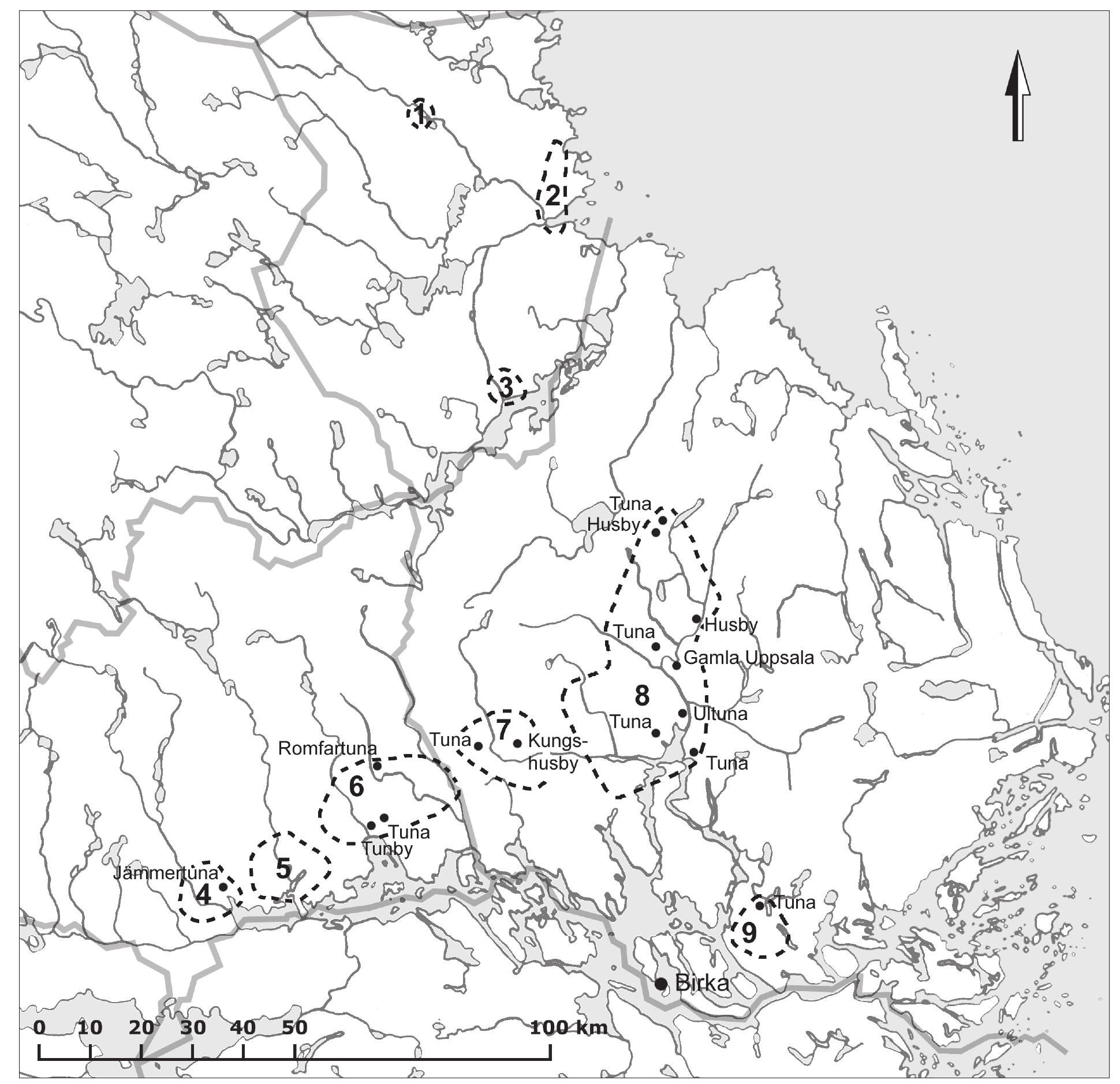 Figure 58. The main areas of weapon distribution in Eastern Middle Sweden with some Tuna- and Husaby-names indicated. 1. Ockelbo,; 2. Hille; 3. Hedesunda; 4. Hedstr6mmen/Kopingsasen; 5. Kolbdcksan/Stromsholmsasen; 6. Svartan/Sagan/Bade- lundadsen; 7. Orsundadn/Enképingsdsen; 8. Central Uppland; 9. Sollentuna/Jarfilla/Spanga. Map: the author. 