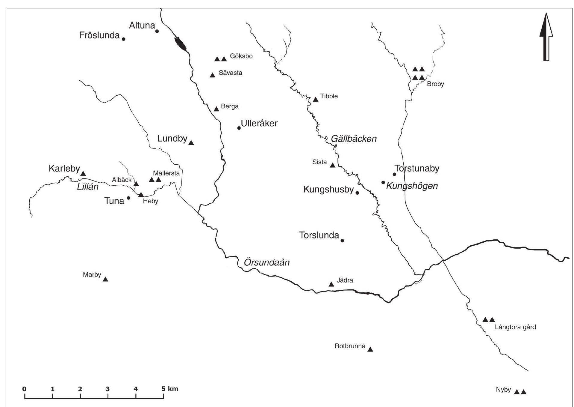 Figure 59. The valley of the river Orsundadn. Solid triangles indicate the find-spots of weapons. Map: the author. 