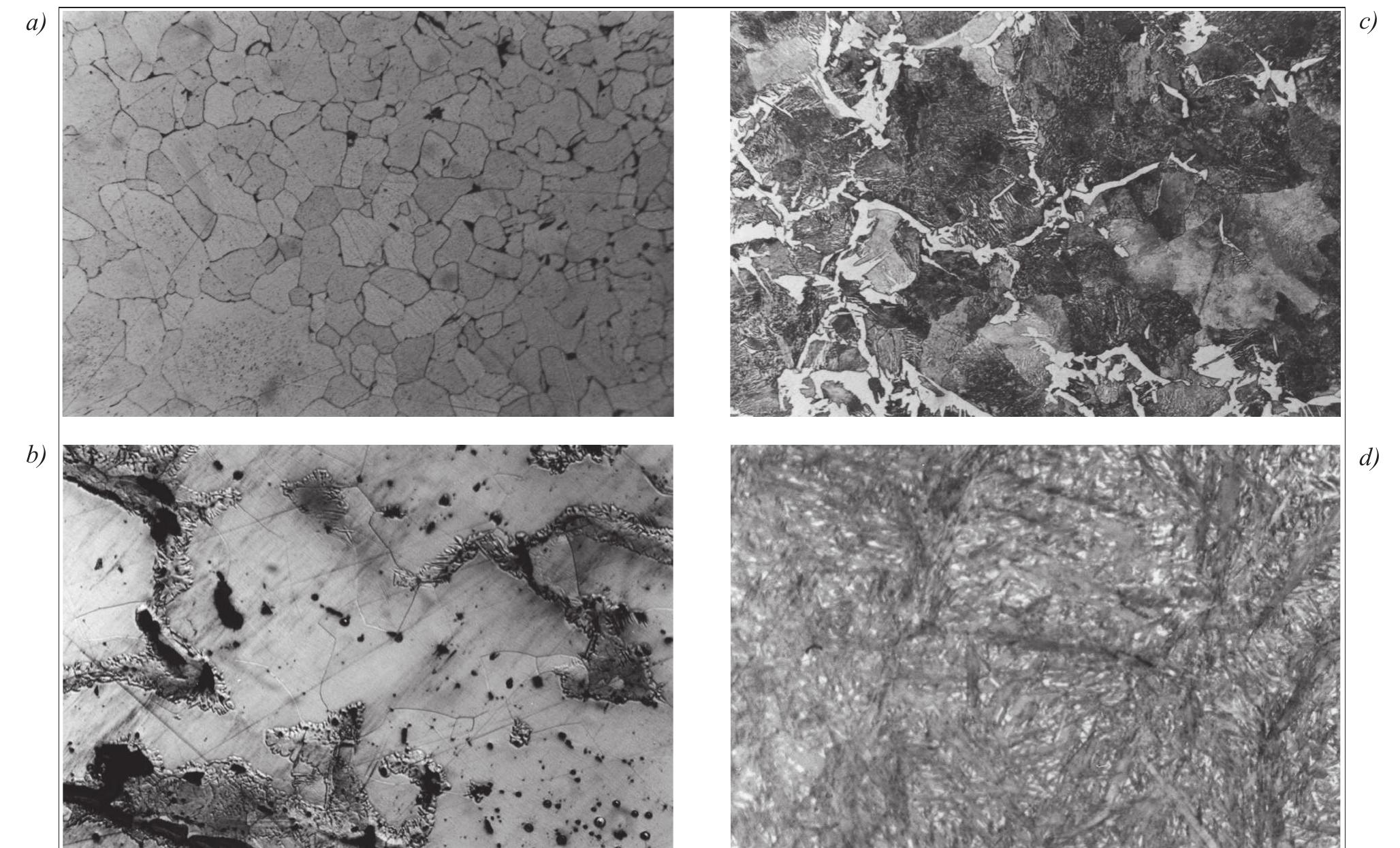 Figure 61. Examples of different qualities of iron. a) Ferritic iron. Field of view 0.37 0.55 mm. b) Phosphorus iron. Field of view 1.47*2.20 mm. c) Carbon steel. Field of view 0.37 0.55 mm. d) Martensite (quenched carbon steel). Field of view 0.15*0.22 mm. Photos: Lena Grandin, GAL.  Recent research has revealed great differences in the smithing techniques and qualities of iron used in smith- ies in ordinary settlements and those in the households of the elite. The important thing to remember is that iron is not just pure iron but it is a material containing many different alloys, so iron is of many qualities with different characteristics. One must also bear in mind that guality often means two different things:  This article deals with the qualities of iron, its produc- tion and organization in the Late Iron Age, and the pat- terns of its consumption. By the Late Iron Age iron had already been produced in Sweden for about fifteen hundred years, so by then there must have been a well- developed tradition and a multitude of skilful smiths capable of its smelting and manufacture.  