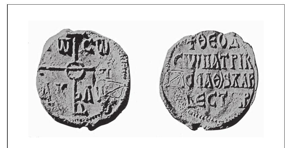 Figure 72. 9th century lead seal from Haithabu, originally attached to a document recruiting Scandinavian soldiers. From Jahnkuhn 19506.  ihe late Kev Augustinian Vitalien Laurent, the 1m- portant French speaking Byzantinist, published one of the three lead seals with Theodosios’ inscription re- covered until now (two other are found at Ribe and Tisso in Denmark), discovered by random in Haithabu. Laurent assumed that the official document attached to the seal must have concermed recruitment of merce- nary soldiers from Scandinavian garrisons to Byzan- 