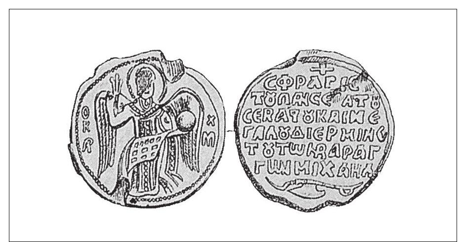 Figure 73. The seal of the Varangian chieftain Michael ir Constantinople. From Mordtmann 1881.  Another Byzantine lead seal (published in Mordtmann’s Bulles des Varégues) indicating the pres- ence of Scandinavian barbarians in the official diplo- matarium represents the strategos par excellence of the heavenly hosts, Archangel Michael (fig. 73), patron saint of a Varangian chieftain baptized in his name at the court of Constantinople. Below the inscription on the reverse lies a Varangian ceremonial axe, the cel- ebrated double-edged romphaia, carried shoulder-high during ritual processions at the imperial court, accord- ing to information by the Byzantine historian Princess Anne Comnena, born in the Porphyra, in the Purple  chamber in the palace. In her Alexiad, a panegyric res gestae of her father the Comnene emperor Alexios I (1081-1118) from the end of the 11th to the beginning of the 12th century, she describes how faithful to the emperor were the Varangians with their hyrd ideology,  