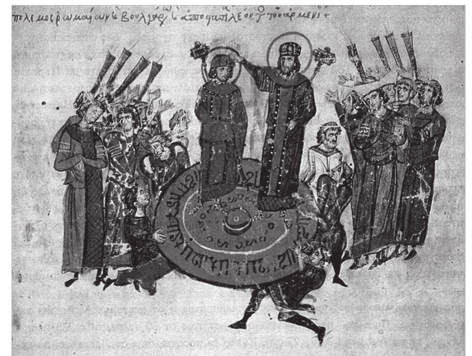 Figure 75. Elevation on a shield as an element of imperial coronation. Michael I Rangabe (811-813) crowning his son Theophylactos as coemperor, an unlikely event on a shield. Skylitzes matritensis, Vitr 26:2, fol 10 v. Biblioteca nacional, Madrid. Photo: Biblioteca nacional. 
