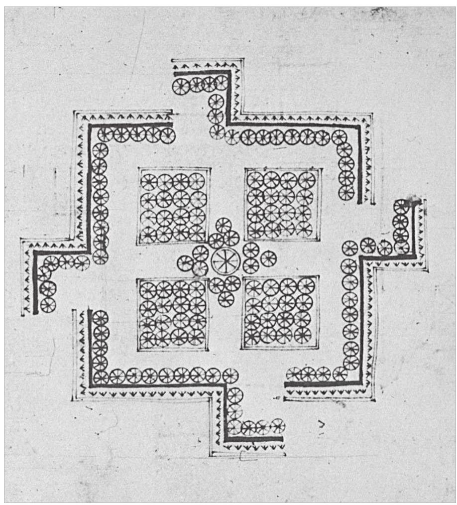 Figure 76. Sketch of camp, Maurikios’ Tactikon. From Dennis, V, fol 237 v, 1985.  identified the Vicar of Christ in the universe (fig. 75).  Thanks to a meticulously organized power of defence, the empire survived in spite of constant invasions and the loss of its core areas and preserved up to modern times a civilized state, the first welfare state since An- tiquity. During its almost thousand year history, By- zantium had to cope with numerous barbaric tribes, our own forefathers included, whose audacity constantly put the empire’s defensive system to the test. Its most important components were the army on land and the 