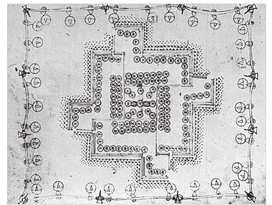 During the 7th century the imperial army was dis- tributed throughout vast military districts, themata, reminiscent of Roman dioceses, which served their purpose well until the end of the Comnene dynasty around the middle of the 12th century. This new insti- tution made an important contribution to the military period of glory, coinciding with the Viking Age or from the Byzantine point of view, the Age of the Varangians, a phenomenon that I have the honour of underlining. I was a glorious period in the development of military tactics, primarily associated with the dynasties of the Macedonians and the Comnenes. The loss of externa Roman, former core areas, the granaries of Syria, Af- rica and Egypt, which were indispensable outposts fo the provision of foodstuffs for Constantinople itsel and, particularly, its hinterland, (a problem recently  =   Figure 78. Sketch of the centre of a camp, a diagram. From Dennis 1985. 