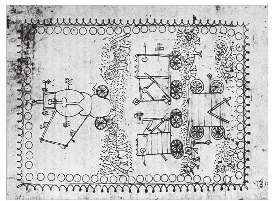 Figure 79. Sketch of war machines and animals. From Dennis, fol 238 v, 1985. 