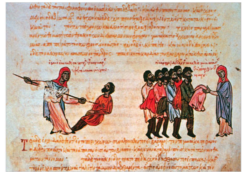 Figure 80. An offended Greek peasant woman rewarded for killing a drunken soldier by a druzhina of Scandinavian mercenaries on a military expedition in Thrace.  From Skylitzes matritensis, fol 106, 1976. 