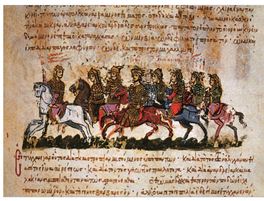 Figure 81. Emperor Theophilos (829-842) on expedition against the Arabs. From Skylitzes matritensis, fol 55, 1976.  Subdivisions of a military thema were called ban- don, banner, districts grouped into moirai in the army and drongoi, in the navy, under the respective com- mand of a merarch or a droungarios. Three such moirai formed a turm or a meros, commanded by a tourmar- chos or amerarchos, who was the most important com- mander below the rank of strategos and held the rank of protospatharios at court. The stratege was a kind of viceroy, responsible directly to the emperor in person for the security and welfare of the province. Military land properties, stratiotika ktemata, guaranteed the recruitment of small permanent military detachments also in the navy. Sources from as early as the 8th cen- tury indicate that the soldiers’ families possessed land in every province, obliging fathers and sons to serve in the thema (‘indelningsverk’ was the equivalent in Scandinavia) and it was the foundation of the thema organization. A military register, stratiotikon kodix, listed every agrarian unit and also established a list of  