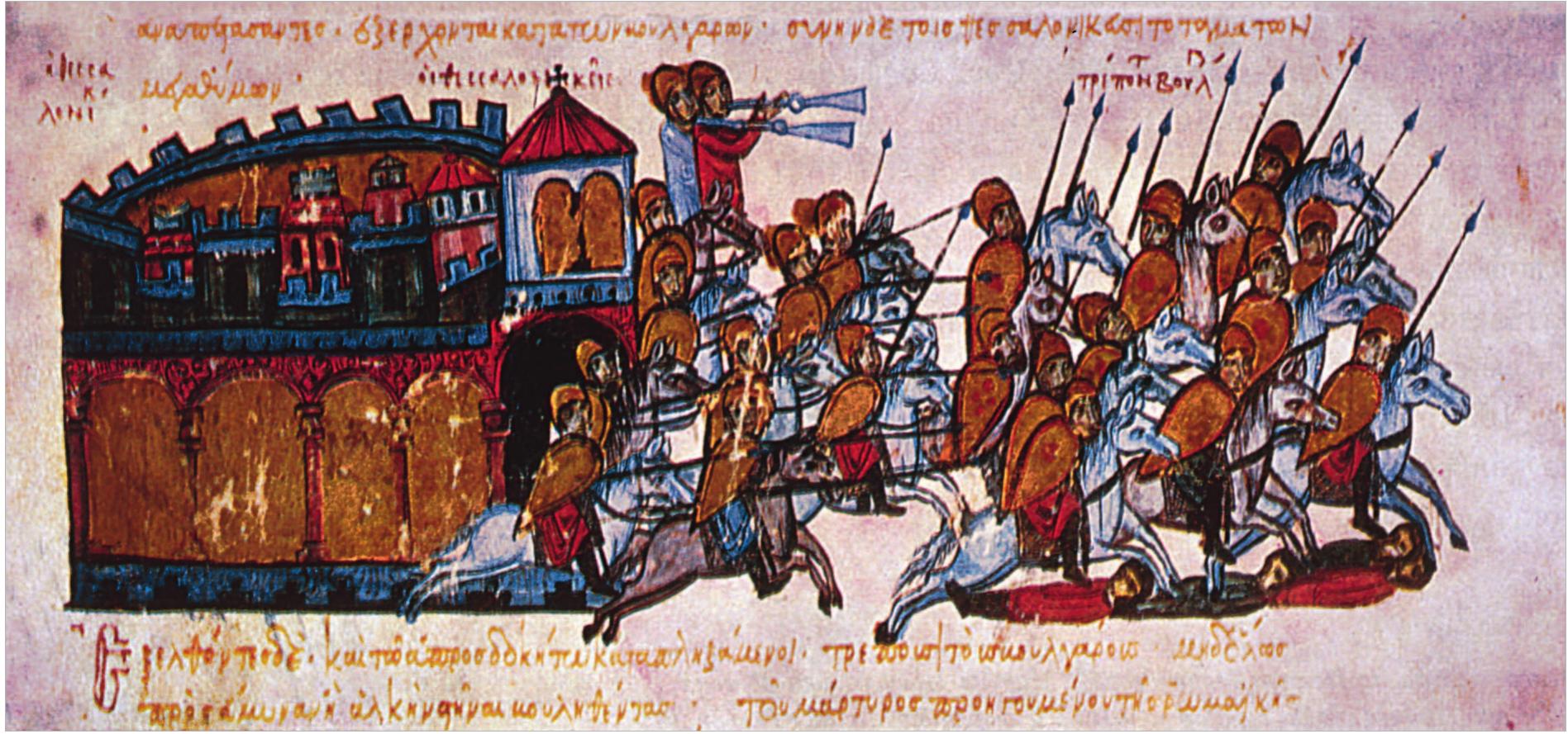 Figure 82. Theophilos’ army persuing Arabs. From Skylitzes matritensis, fol 43 v, 1976. 