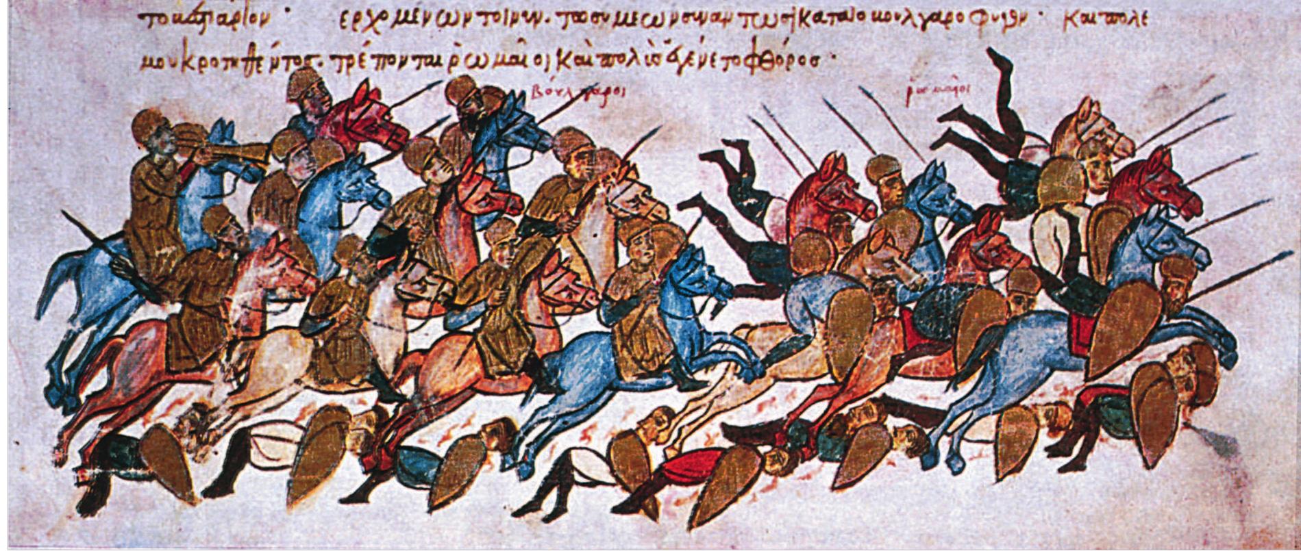 Figure 83. A Byzantine-Bulgarian battle scene. From Skylitzes matritensis, fol 109 v, 1976. 