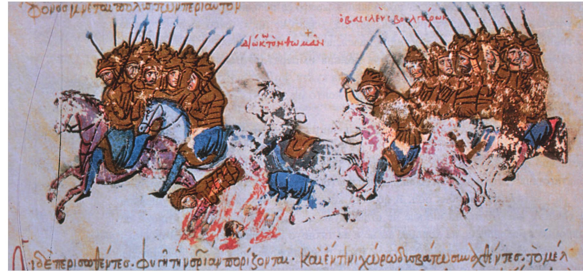 Figure 84. An usurper, Thomas the Slav, killed in a battle. From Skylitzes matritensis, fol 35 v a, 1976  In the field the Varangians were armed only with short battle-axes attached to the belt, and they protected hemselves with gigantic shields. They formed a bris- ling wall of bronze lances around the emperor when on suard. Each tagma troop wore a uniform of a different 