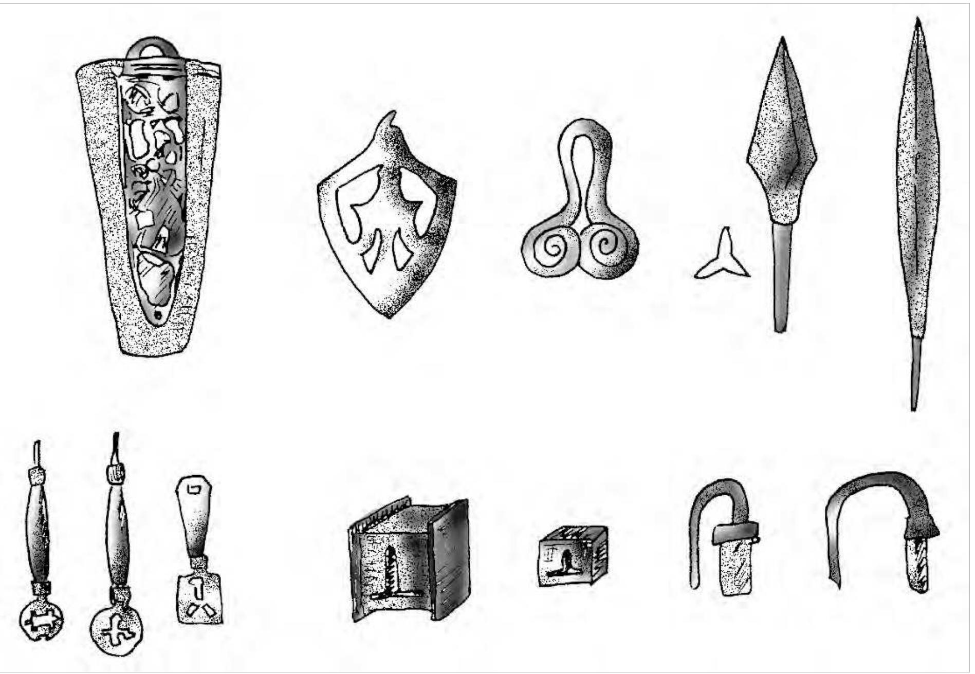 Figure 91. Finds with Scandinavian parallels from Sarskoe on the Volga route.  In the same year, or there about, Emperor Theophi- lus created a new military province known as ”Clima- ta”, in the territory nearest to the Rus’, the Magyars and the Khazars. The new province included a permanent garrison of 2,000 men. As described in Constantine  From the mid 9th century Rus’ began to have a visible impact on other peoples, an indication that the num- ber of Scandinavians along the Eastern routes had in- creased, the most obvious manifestation of this being 