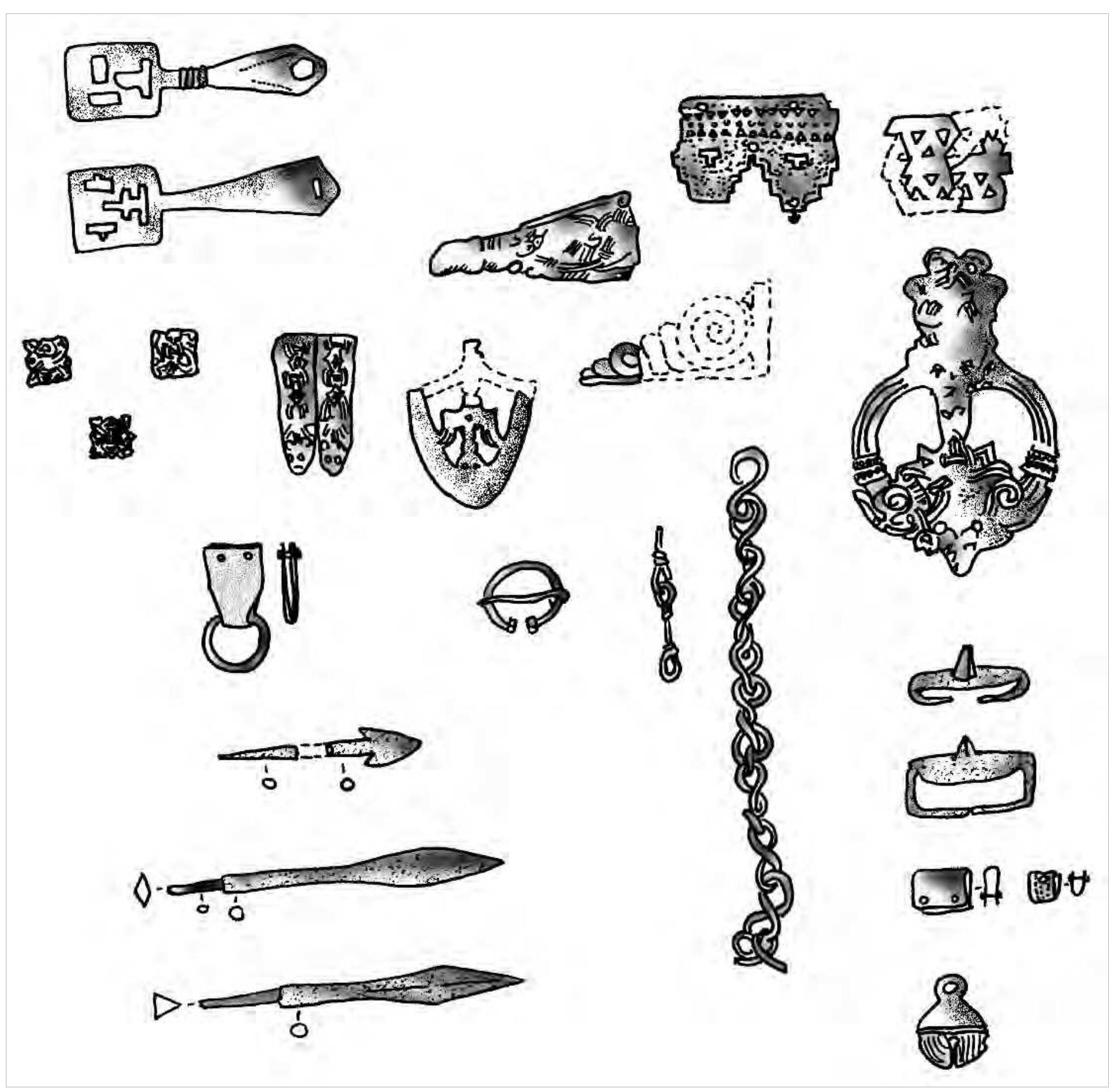 Figure 93. Finds with Scandinavian parallels from Gnézdovo on the D njepr route.  junction of the rivers Dnjepr and Dvina, Gnézdovo seems to have developed during the late 9th century, continuing into the 10th century. It consisted of an im- pressive hill-fort, with a thick culture layer, surrounded by a settlement and burial grounds containing more han 3000 mounds, including many chamber-graves. Most of the coins found in the graves date from the Oth century; it was only then that there were sufficient travellers to make it worthwhile for people to settle here and make a living. Gnézdovo served as an im- portant trading and political centre, very similar to Bir- ka. A permanent garrison manned by mainly Scandi- navian warriors controlled the trade route between the Dnjepr and the Western Dvina, and provided the base from which tributes were taken from the surrounding ocal inhabitants. Gnézdovo has revealed the greatest   The changing times were a  so reflected in Kiev and  its surroundings. The foundation of the settlement at  Sestovica at the beginning of  he 10th century and the  development of Cernigov provided new bases for the Rus’. Sestovica consisted of two hill-forts and a sett-  lement with burial grounds. 1  The many Scandinavian  grave-goods suggest that Sestovica was a camp for Scandinavian warriors and traders (fig. 94). Neighbou-  ring Cernigov, where the ear  ier graves also contain  numerous Scandinavian finds, probably served as a religious centre and princely residence, pogost (And-  roschuk 2000; 2001). 