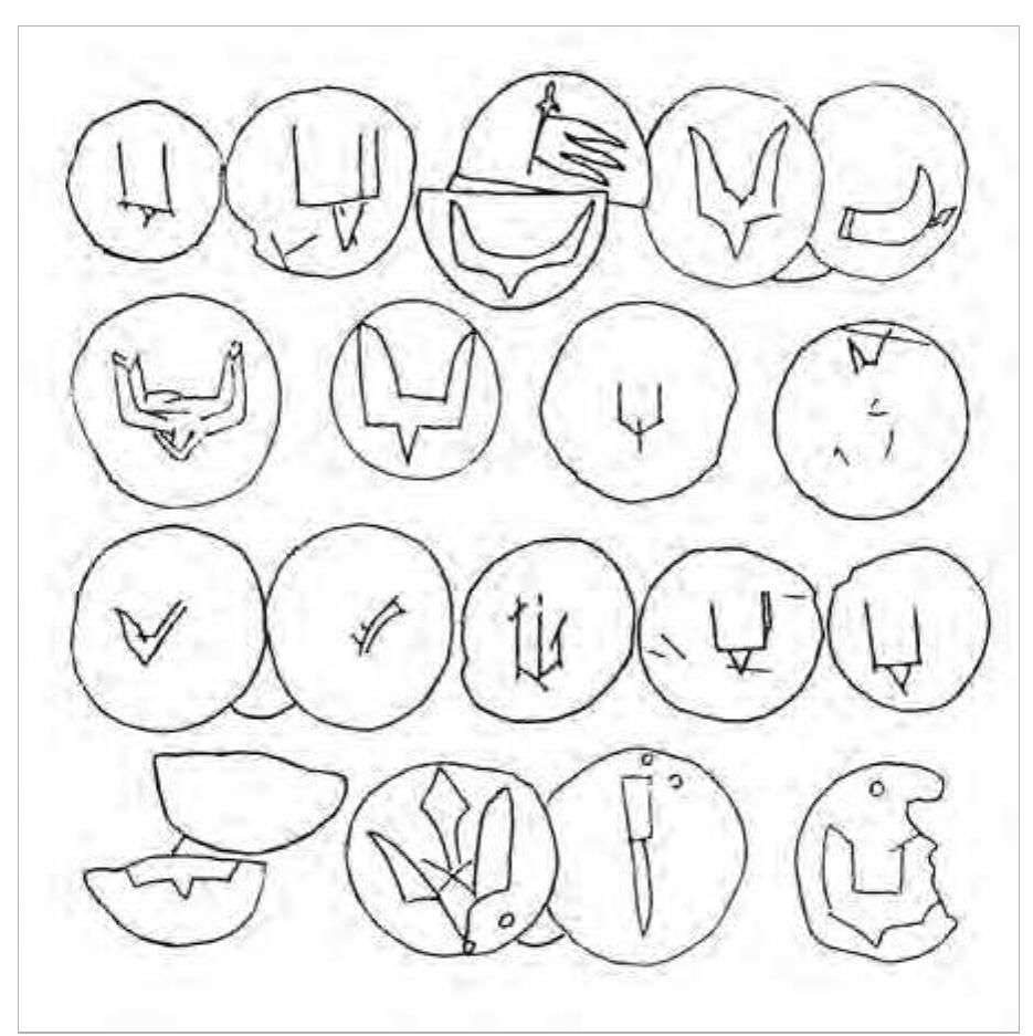 Figure 98. Grafitti on Islamic coins, after Melnikova 1996.  Kulakow maintains that the development of the prin- cely emblem is paralleled by the falcon-motif on the sword shapes. The emblem is more closely related to the falcon-motif on the Scandinavian-type chapes, but all three motifs spring from an archetype of North Eu- ropean origin (Kulakow 1985). The design of the ’bi- 