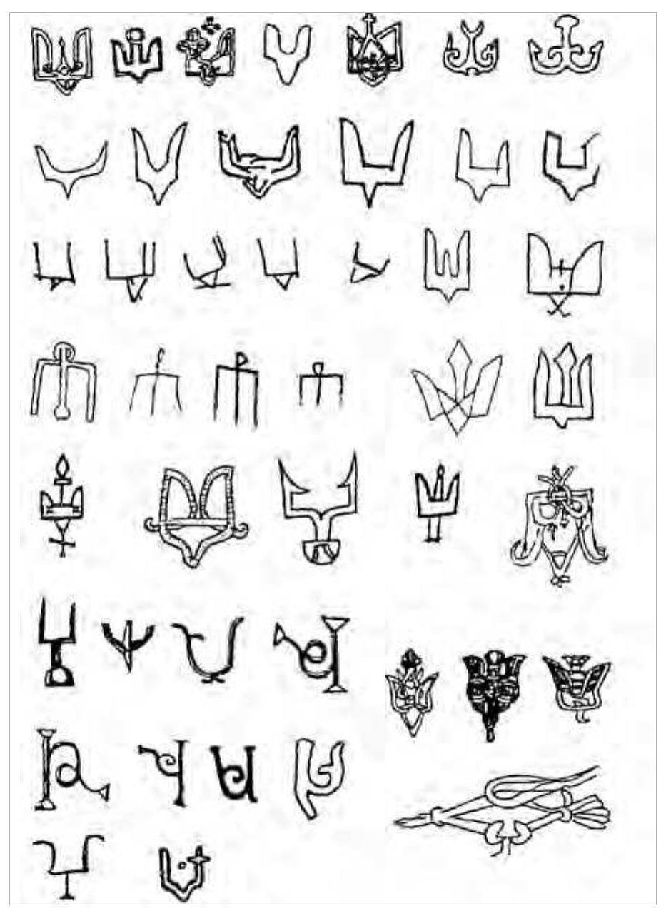 Figure 100. Rurikid family emblems, after Edberg 2001.  a  dent’ is not reminiscent of the schematised falcon on the chapes, and there are other models closer to hand. As Pritsak points out, the ‘bident’ and ‘trident’ em- blems of the Rus’ rulers have direct parallels in Khazar material and he considers the ‘trident’ to be a Khazar ‘tamga’ symbol which was adopted by the Rus’ branch of the dynasty as a symbol of the ruler’s victory and glory (fig. 99). Much as in the Rus’ use of the Khazar title Chaganus or Khagan, Khazar symbols could have enhanced the legitimacy of the Rus’ princes. Simila- rity to the Scandinavian depictions of birds cannot be overlooked entirely. The birds on Gotlandic picture- stones and the unique scabbard-chape found in Birka’s Black Earth mentioned above closely resemble some of the later Rurikid family emblems (fig. 100) (Pritsak 1998:78f). Perhaps the Rurikid family emblem should be interpreted as a combination of the Khazar and the Rus’ symbols of power, strength and victory.   “tamga’ symbol which was adopted by the Rus’ branch 